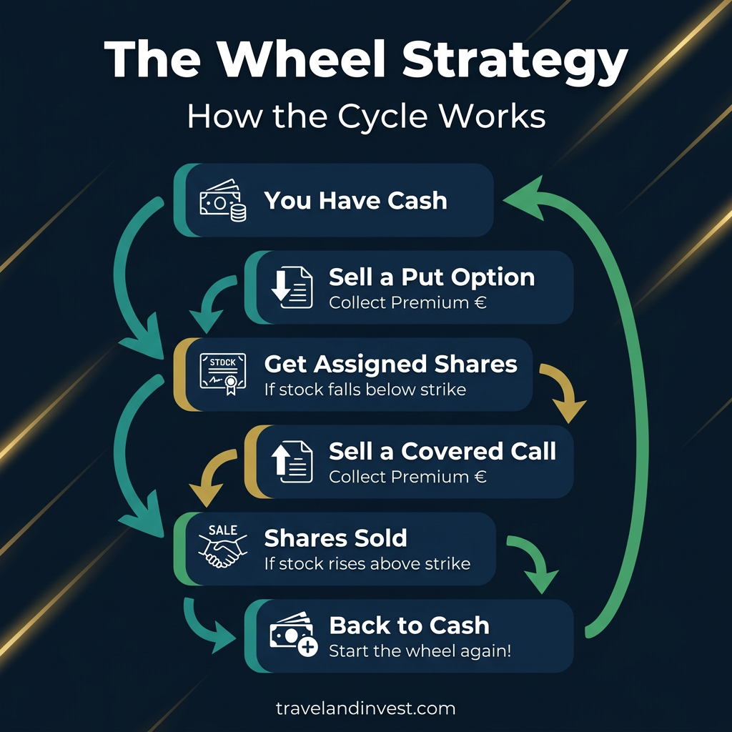 The Wheel Strategy cycle: sell put, get assigned shares, sell covered call, shares sold, back to cash
