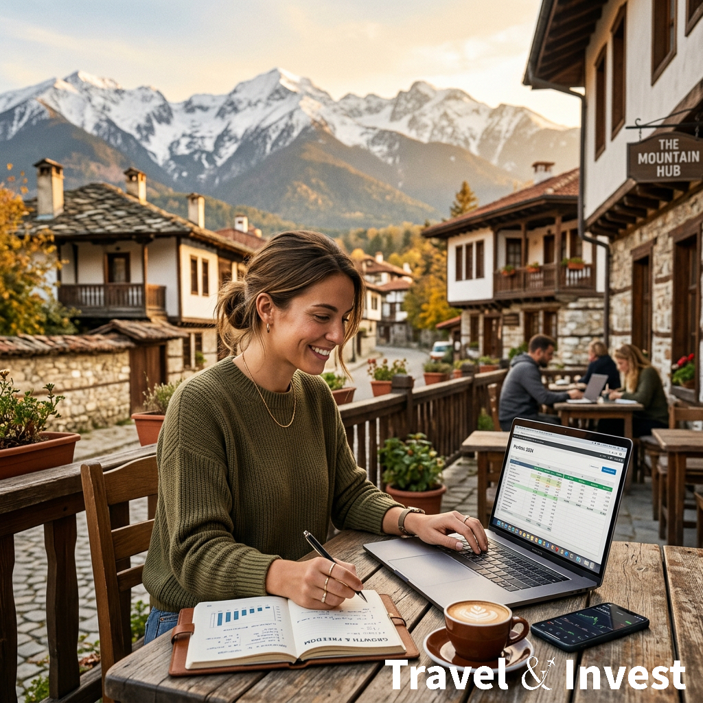 Digital nomad working on a laptop at a café in Bansko, Bulgaria, with the Pirin Mountains in the background