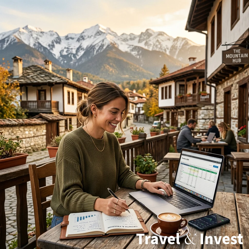 Digital nomad working on a laptop at a café in Bansko, Bulgaria, with the Pirin Mountains in the background