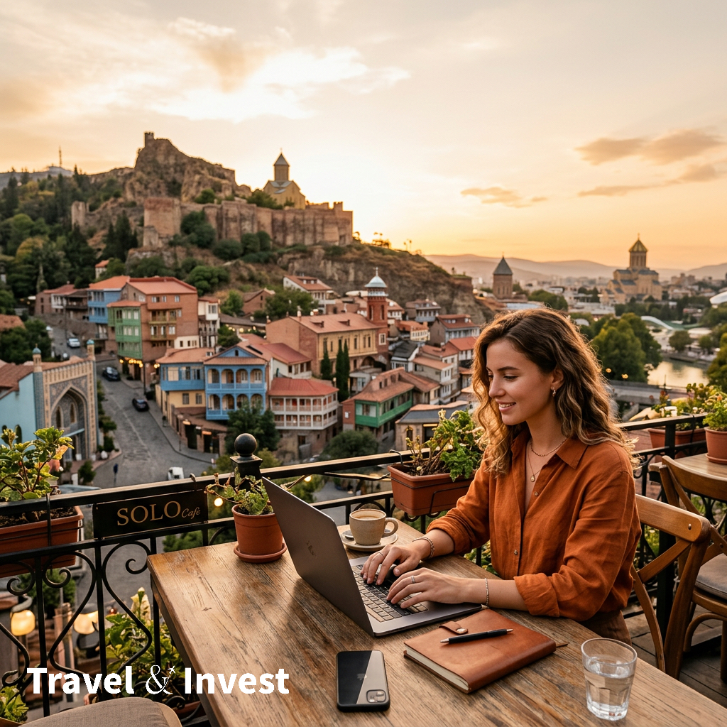 Young digital nomad working on a laptop at an outdoor café in Old Tbilisi, Georgia, with colorful wooden balconies and Narikala Fortress in the background at golden hour
