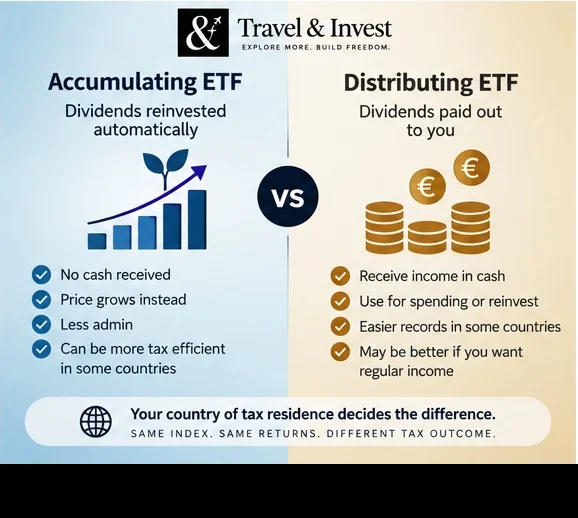 Comparison of accumulating and distributing ETFs, showing dividends reinvested automatically versus paid to the investor as cash.