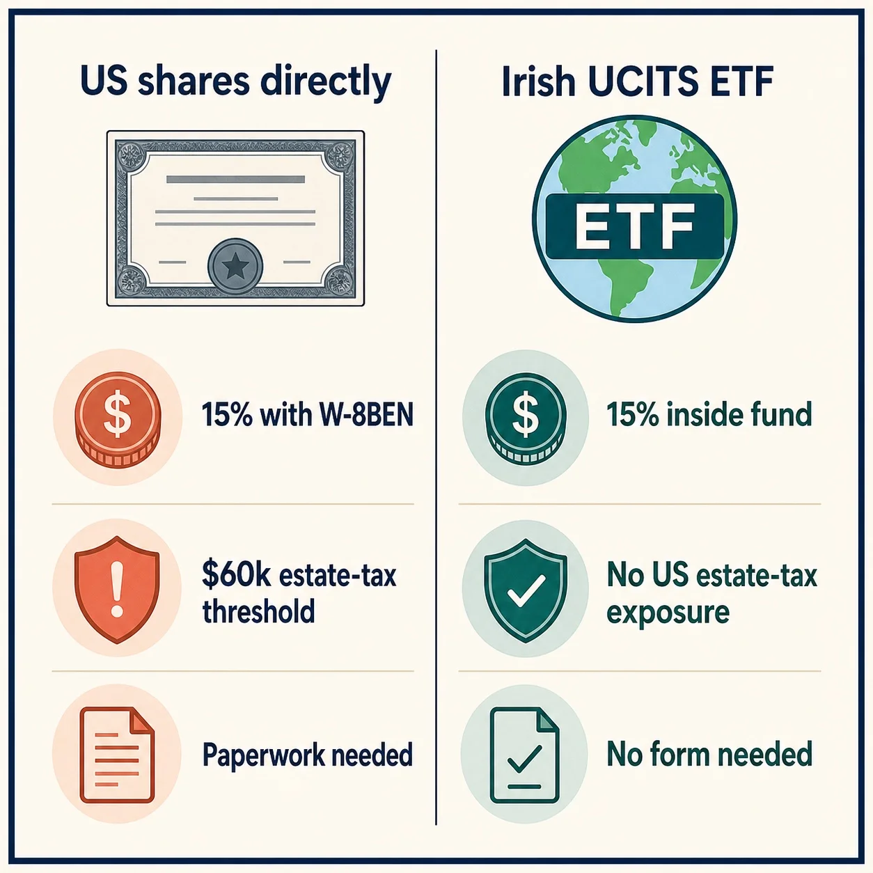 Comparison of direct US shares and Irish UCITS ETFs: dividend withholding, US estate-tax exposure and paperwork requirements.