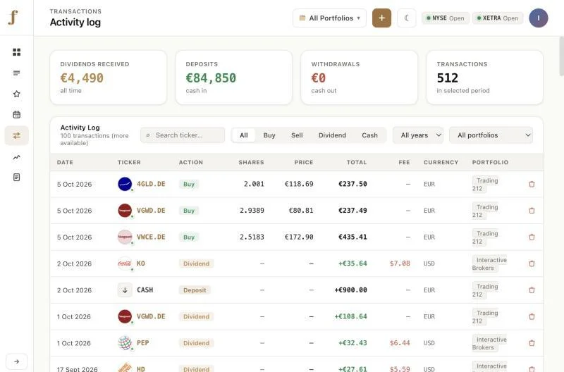 FolioLens transactions page with totals for dividends and deposits and a table of buy, dividend and deposit entries.