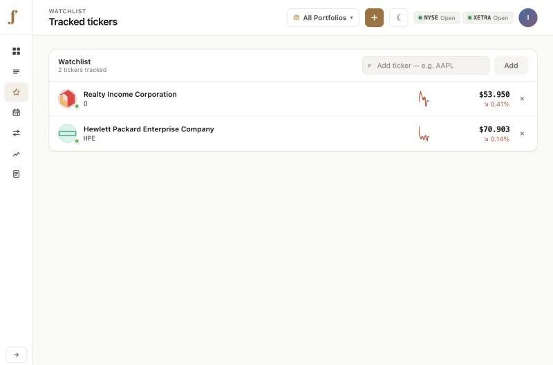 FolioLens watchlist page showing two tracked tickers with price and daily change.