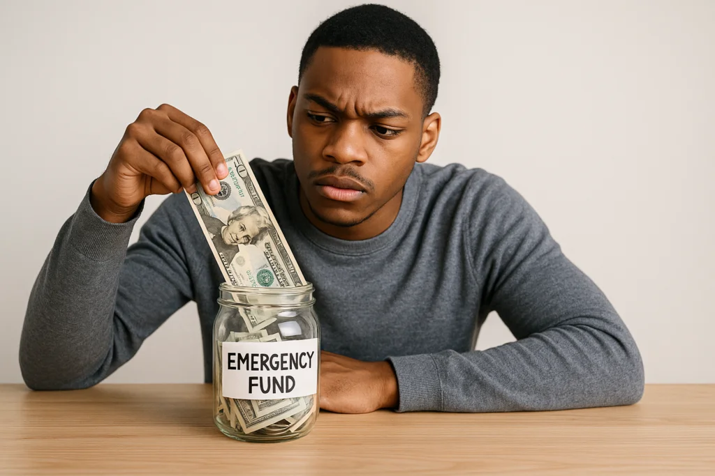Young man with a concerned expression putting a US dollar bill into a glass jar labelled Emergency Fund on a wooden desk